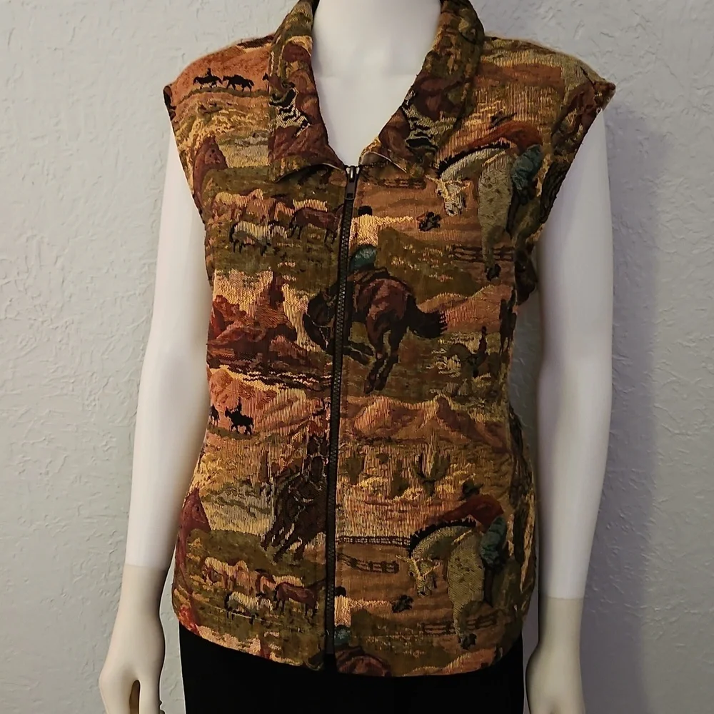 Vtg SADDLE RIDGE 1980s Western Equestrian Horse Tapestry Zipper Vest - Picture 3 of 11